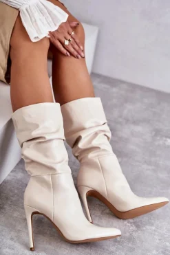 Marszczone Skórzane Kozaki Na Szpilce Jasnobeżowe Caren