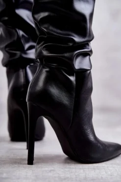 Marszczone Skórzane Kozaki Na Szpilce Czarne Caren