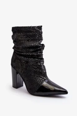Marszczone Wężowe Botki Na Obcasie Czarne Casima