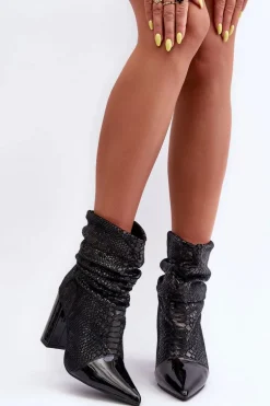 Marszczone Wężowe Botki Na Obcasie Czarne Casima