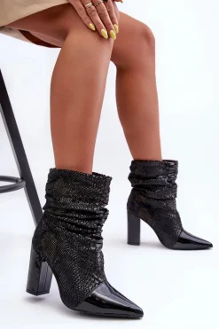 Marszczone Wężowe Botki Na Obcasie Czarne Casima