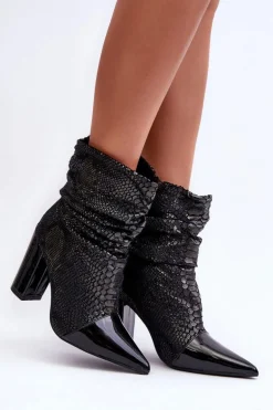 Marszczone Wężowe Botki Na Obcasie Czarne Casima