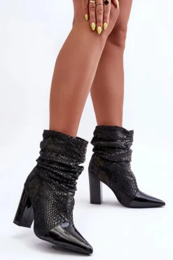 Marszczone Wężowe Botki Na Obcasie Czarne Casima