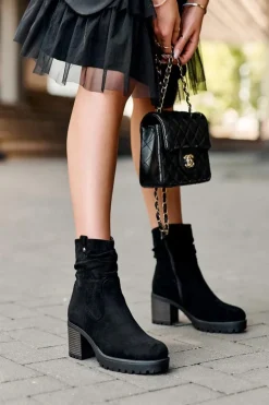 Marszczone Zamszowe Botki Czarne Melseo