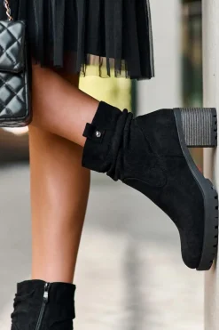 Marszczone Zamszowe Botki Czarne Melseo