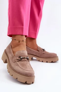 Masywne Mokasyny Damskie Zamszowe Beżowe Neloria