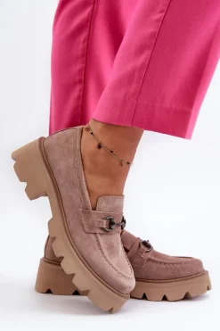 Masywne Mokasyny Damskie Zamszowe Beżowe Neloria