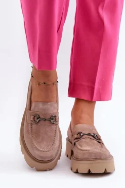 Masywne Mokasyny Damskie Zamszowe Beżowe Neloria