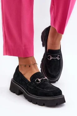 Masywne Mokasyny Damskie Zamszowe Czarne Neloria