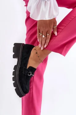 Masywne Mokasyny Damskie Zamszowe Czarne Neloria