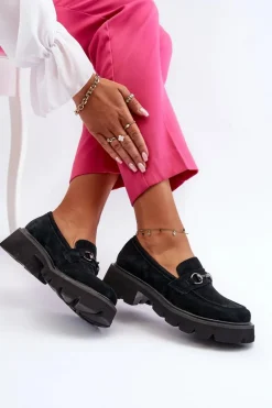 Masywne Mokasyny Damskie Zamszowe Czarne Neloria