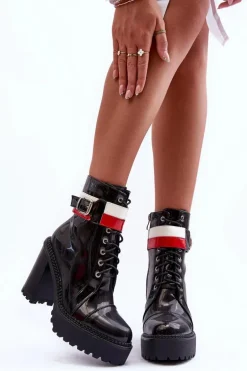 Masywne Skórzane Botki Na Słupku Czarne Adrijana