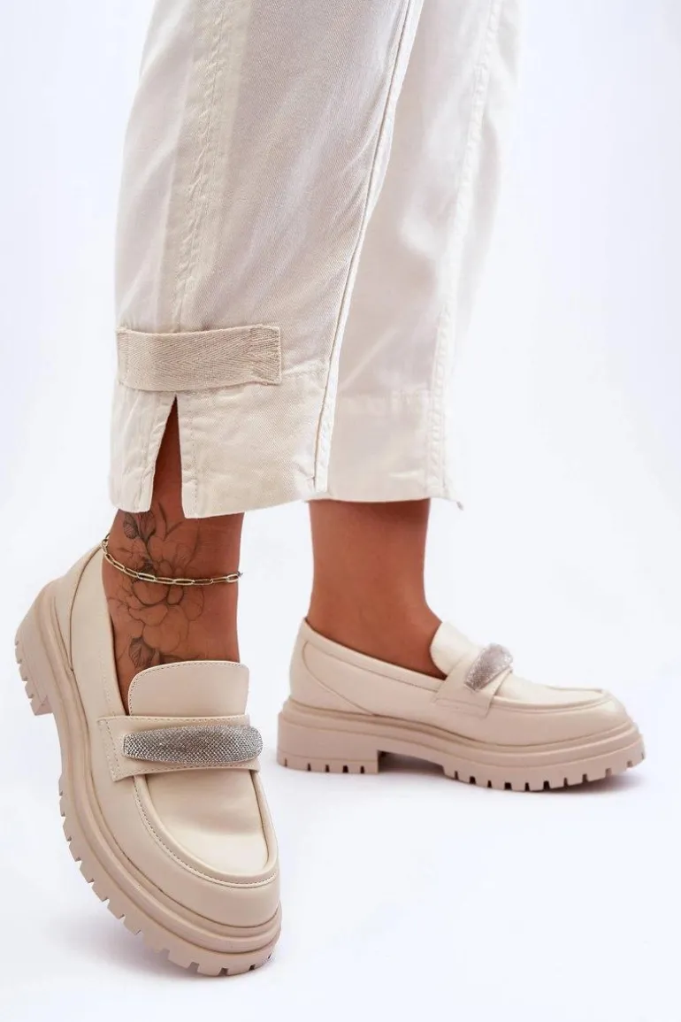 Masywne Skórzane Mokasyny Z Ozdobą Beżowe Aricka