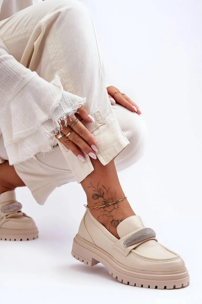 Masywne Skórzane Mokasyny Z Ozdobą Beżowe Aricka