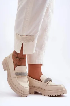 Masywne Skórzane Mokasyny Z Ozdobą Beżowe Aricka