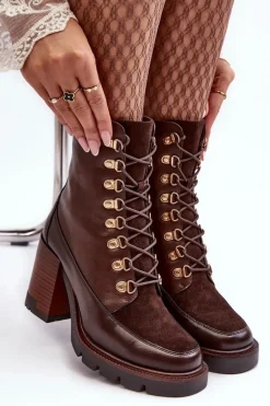 Masywne Sznurowane Botki Na Słupku Brązowe Lathia