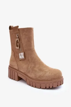 Masywne Zamszowe Botki Damskie Na Płaskim Obcasie Beżowe Lunai