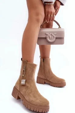 Masywne Zamszowe Botki Damskie Na Płaskim Obcasie Beżowe Lunai