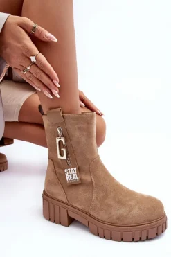 Masywne Zamszowe Botki Damskie Na Płaskim Obcasie Beżowe Lunai
