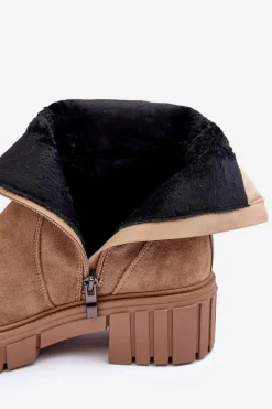 Masywne Zamszowe Botki Damskie Na Płaskim Obcasie Beżowe Lunai