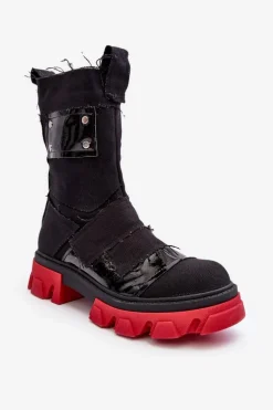 Materiałowe Botki Damskie Na Suwak Czarne Elinare