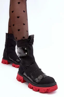 Materiałowe Botki Damskie Na Suwak Czarne Elinare