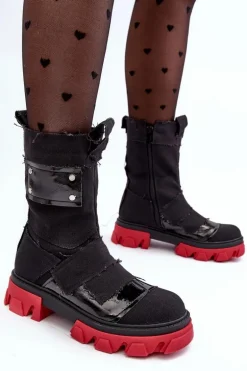 Materiałowe Botki Damskie Na Suwak Czarne Elinare