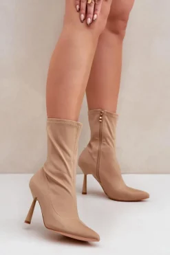 Materiałowe Botki Na Szpilce Ciemnobeżowe Amune