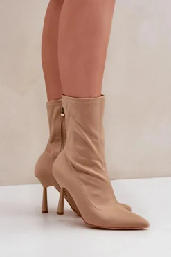 Materiałowe Botki Na Szpilce Ciemnobeżowe Amune