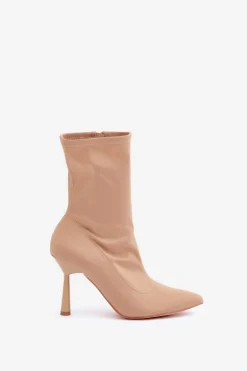 Materiałowe Botki Na Szpilce Ciemnobeżowe Amune