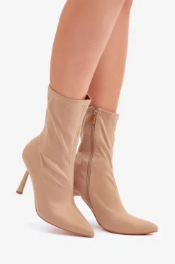 Materiałowe Botki Na Szpilce Ciemnobeżowe Amune
