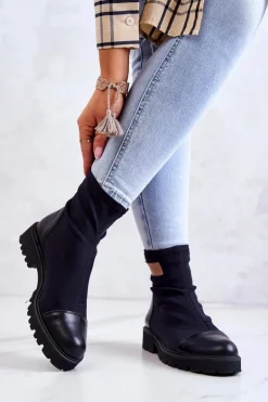 Materiałowe Botki Wsuwane Nicole Czarne 2705