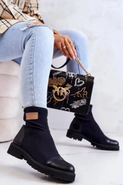 Materiałowe Botki Wsuwane Nicole Czarne 2705