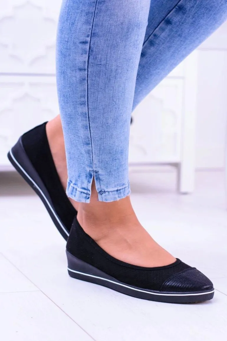 Materiałowe Czarne Baleriny Na Koturnie Elleni