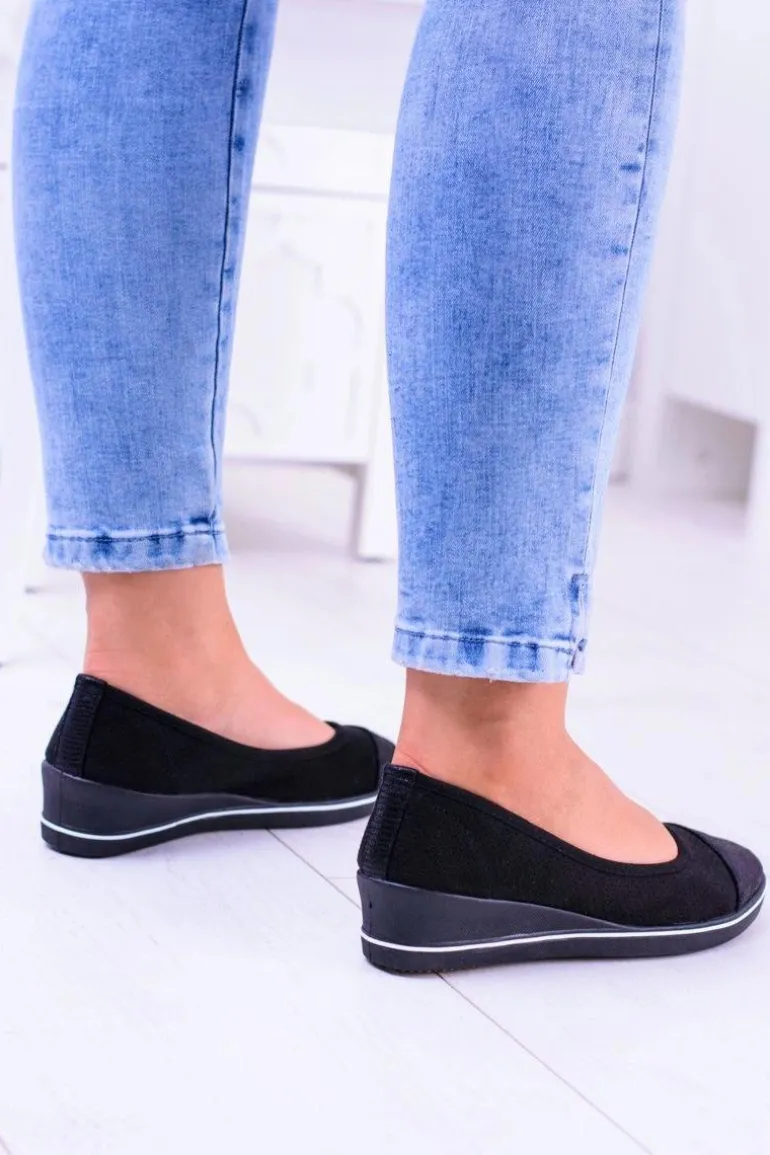 Materiałowe Czarne Baleriny Na Koturnie Elleni