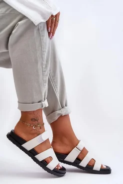 Materiałowe Damskie Klapki Na Rzep Białe Jose