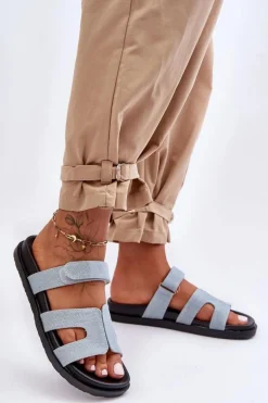 Materiałowe Damskie Klapki Na Rzep Jasnoniebieskie Jose