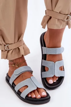 Materiałowe Damskie Klapki Na Rzep Jasnoniebieskie Jose