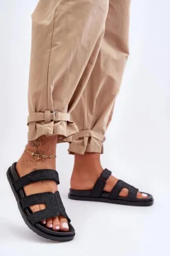 Materiałowe Damskie Klapki Na Rzep Czarne Jose