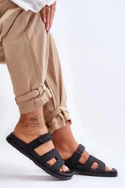 Materiałowe Damskie Klapki Na Rzep Czarne Jose