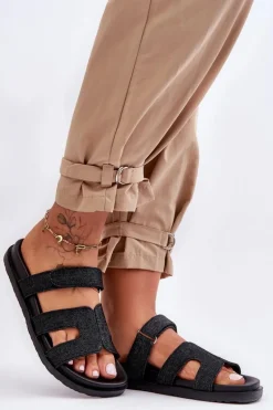 Materiałowe Damskie Klapki Na Rzep Czarne Jose