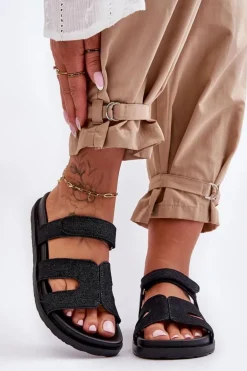 Materiałowe Damskie Klapki Na Rzep Czarne Jose