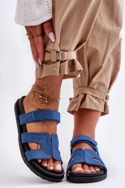 Materiałowe Damskie Klapki Na Rzep Ciemnoniebieskie Jose