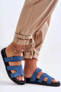 Materiałowe Damskie Klapki Na Rzep Ciemnoniebieskie Jose