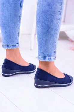 Materiałowe Granatowe Baleriny Na Koturnie Elleni