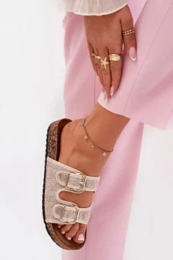 Materiałowe Klapki Damskie Na Korkowej Platformie Z Klamrami Beżowe Osoffe