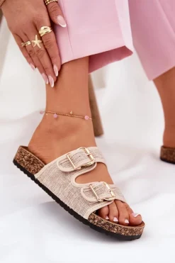 Materiałowe Klapki Damskie Na Korkowej Platformie Z Klamrami Beżowe Osoffe