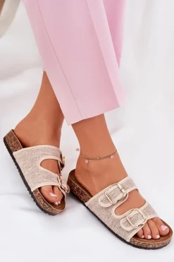 Materiałowe Klapki Damskie Na Korkowej Platformie Z Klamrami Beżowe Osoffe