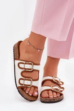 Materiałowe Klapki Damskie Na Korkowej Platformie Z Klamrami Białe Osoffe