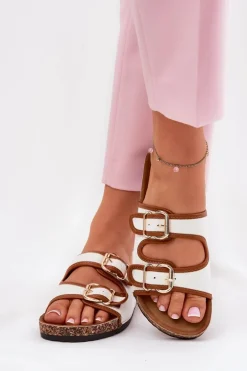 Materiałowe Klapki Damskie Na Korkowej Platformie Z Klamrami Białe Osoffe